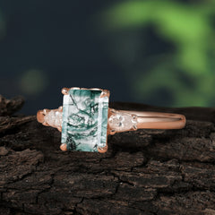 Vintage - Style 4 Prong Emerald Cut Natural Moss Agate Ring