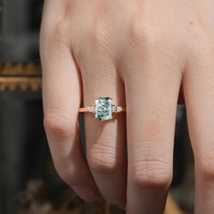 Vintage - Style 4 Prong Emerald Cut Natural Moss Agate Ring