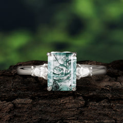 Vintage - Style 4 Prong Emerald Cut Natural Moss Agate Ring