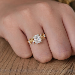 Boho 4 Prong Emerald Cut Moissanite Wedding Ring