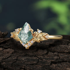 Luxury Nature-Inspired 4-Prong Kite-Cut Natural Moss Agate Engagement Ring