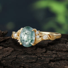 Retro Nature-Inspired 4-Prong Oval-Cut Natural Moss Agate Engagement Ring