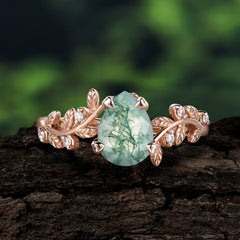 Nature-Inspired Vine-Entwined 4-Prong Teardrop-Cut Natural Moss Agate Engagement Ring
