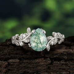 Nature-Inspired Vine-Entwined 4-Prong Teardrop-Cut Natural Moss Agate Engagement Ring