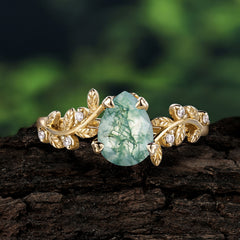 Nature-Inspired Vine-Entwined 4-Prong Teardrop-Cut Natural Moss Agate Engagement Ring