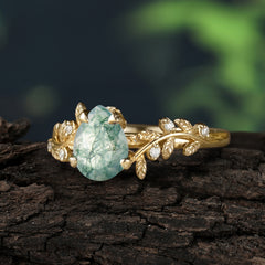 Nature-Inspired Vine-Entwined 4-Prong Teardrop-Cut Natural Moss Agate Engagement Ring