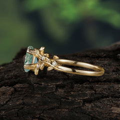 Nature-Inspired Vine-Entwined 4-Prong Teardrop-Cut Natural Moss Agate Engagement Ring
