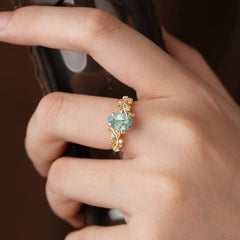 Nature-Inspired Vine-Entwined 4-Prong Teardrop-Cut Natural Moss Agate Engagement Ring