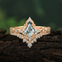 Unique Cut Kite Cut Natural Moss Agate Cluster Engagement Ring Set 2pcs