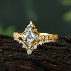 Unique Cut Kite Cut Natural Moss Agate Cluster Engagement Ring Set 2pcs