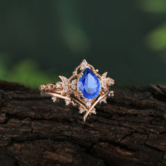 Unique Pear Shaped Engagement Ring Set Sapphire Cluster Wedding Band