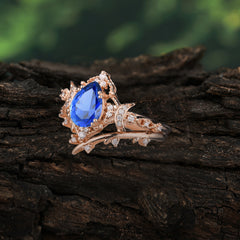 Unique Pear Shaped Engagement Ring Set Sapphire Cluster Wedding Band