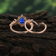 Unique Pear Shaped Engagement Ring Set Sapphire Cluster Wedding Band