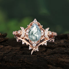 Unique Pear Shaped Engagement Ring Set Natural Moss Agate Cluster Wedding Band