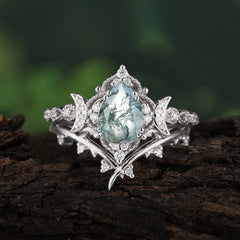Unique Pear Shaped Engagement Ring Set Natural Moss Agate Cluster Wedding Band