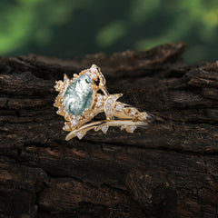 Unique Pear Shaped Engagement Ring Set Natural Moss Agate Cluster Wedding Band
