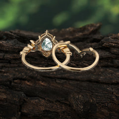 Unique Pear Shaped Engagement Ring Set Natural Moss Agate Cluster Wedding Band