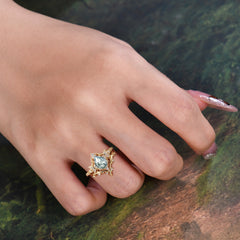Unique Pear Shaped Engagement Ring Set Natural Moss Agate Cluster Wedding Band