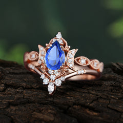 Elegant 5 Prong Pear-Cut Sapphire Engagement Ring Set