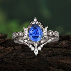 Elegant 5 Prong Pear-Cut Sapphire Engagement Ring Set