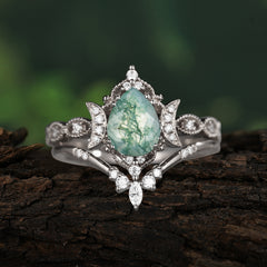 Elegant 5 Prong Pear-Cut Natural Moss Agate Engagement Ring Set