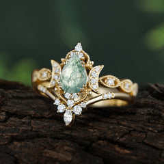 Elegant 5 Prong Pear-Cut Natural Moss Agate Engagement Ring Set
