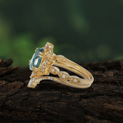 Elegant 5 Prong Pear-Cut Natural Moss Agate Engagement Ring Set