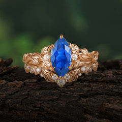Nature-Inspired 6 Prong Marquise Sapphire Engagement Ring Set with Vine Motif
