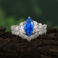 Nature-Inspired 6 Prong Marquise Sapphire Engagement Ring Set with Vine Motif
