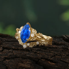 Nature-Inspired 6 Prong Marquise Sapphire Engagement Ring Set with Vine Motif