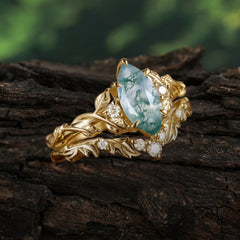 Nature-Inspired 6 Prong Marquise Natural Moss Agate Engagement Ring Set with Vine Motif