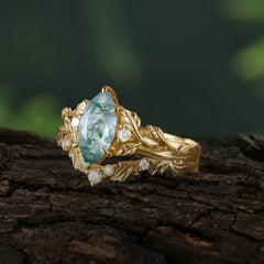 Nature-Inspired 6 Prong Marquise Natural Moss Agate Engagement Ring Set with Vine Motif