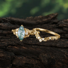 Nature-Inspired 6 Prong Marquise Natural Moss Agate Engagement Ring Set with Vine Motif