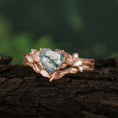 4-Prong Nature-Inspired Heart-Cut Natural Moss Agate Engagement Ring