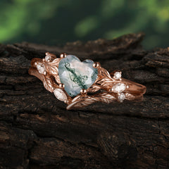 4-Prong Nature-Inspired Heart-Cut Natural Moss Agate Engagement Ring