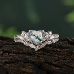 4-Prong Nature-Inspired Heart-Cut Natural Moss Agate Engagement Ring