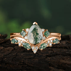 Luxury 3-Prong Pear-Cut Natural Moss Agate Engagement Ring Set