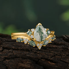 Luxury 3-Prong Pear-Cut Natural Moss Agate Engagement Ring Set