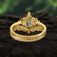 Luxury 3-Prong Pear-Cut Natural Moss Agate Engagement Ring Set