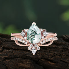 Fashion-Forward 3 Prong Luxury Pear-Cut Natural Moss Agate Engagement Ring Set