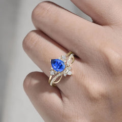 Fashion-Forward 3 Prong Luxury Pear-Cut Sapphire Engagement Ring Set