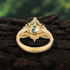 Fashion-Forward 3 Prong Luxury Pear-Cut Natural Moss Agate Engagement Ring Set