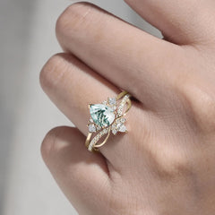Fashion-Forward 3 Prong Luxury Pear-Cut Natural Moss Agate Engagement Ring Set
