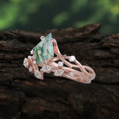 Fashion 4-Prong Kite-Cut Natural Moss Agate Engagement Ring Set