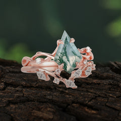 Fashion 4-Prong Kite-Cut Natural Moss Agate Engagement Ring Set