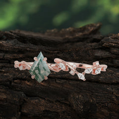 Fashion 4-Prong Kite-Cut Natural Moss Agate Engagement Ring Set