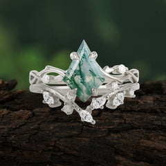 Fashion 4-Prong Kite-Cut Natural Moss Agate Engagement Ring Set