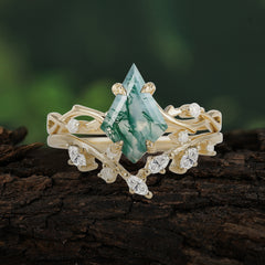 Fashion 4-Prong Kite-Cut Natural Moss Agate Engagement Ring Set
