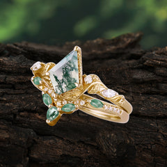 Luxury Nature-Inspired 4-Prong Kite-Cut Natural Moss Agate Engagement Ring Set
