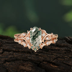 Nature-Inspired 4-Prong Hexagon-Cut Natural Moss Agate Engagement Ring Set